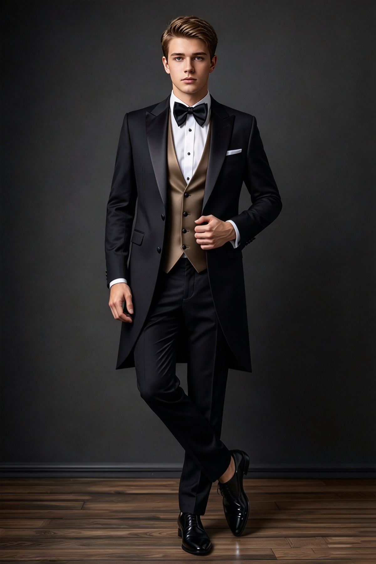 Black Tuxedo 3-Piece Suit with Light Brown Waistcoat