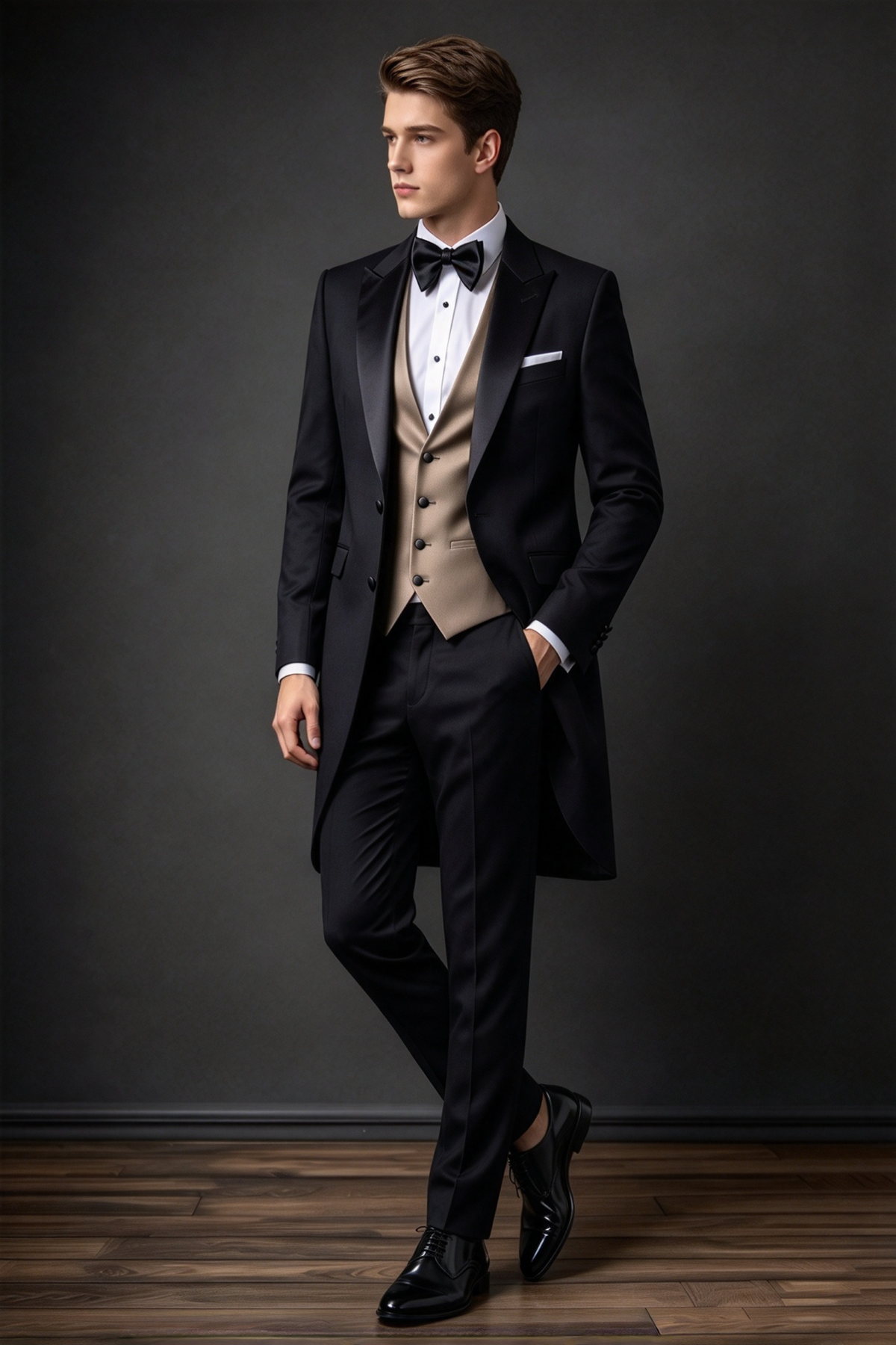 Black Tuxedo 3-Piece Suit with Light Brown Waistcoat