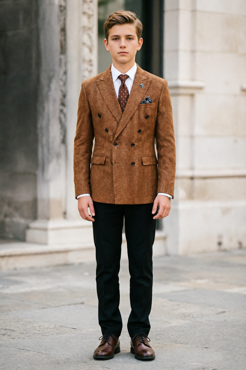 Boys Brown Herringbone with Double Breasted 2-Piece Suit