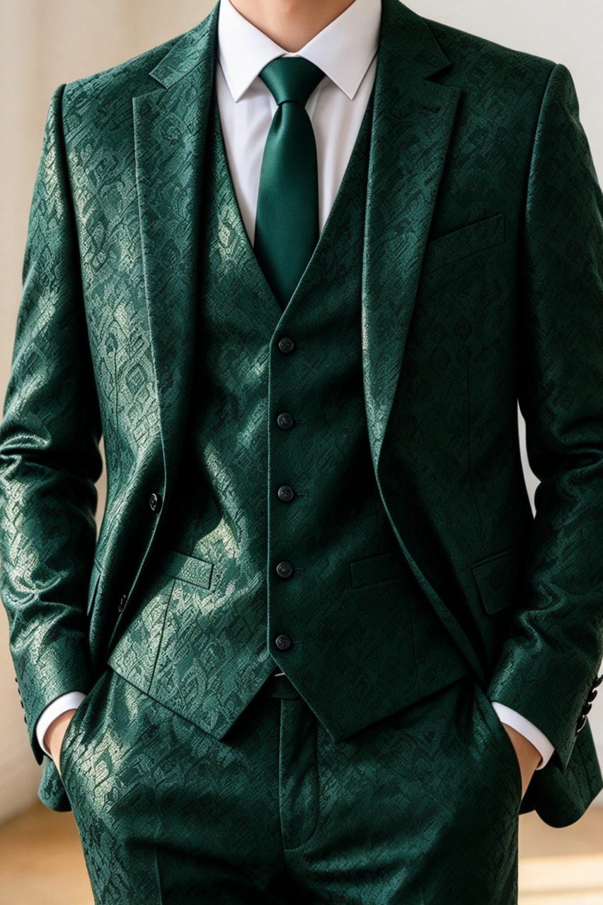 Dark Green All-Over Jacquard Pattern Single Breasted 3-Piece Suit