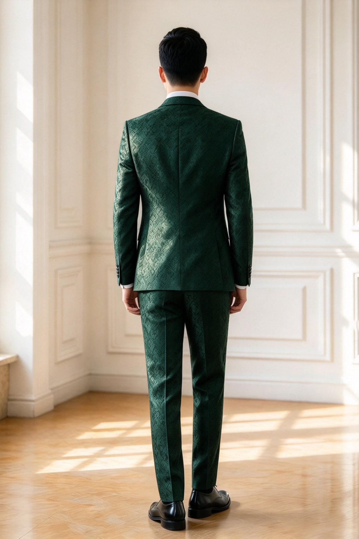 Dark Green All-Over Jacquard Pattern Single Breasted 3-Piece Suit