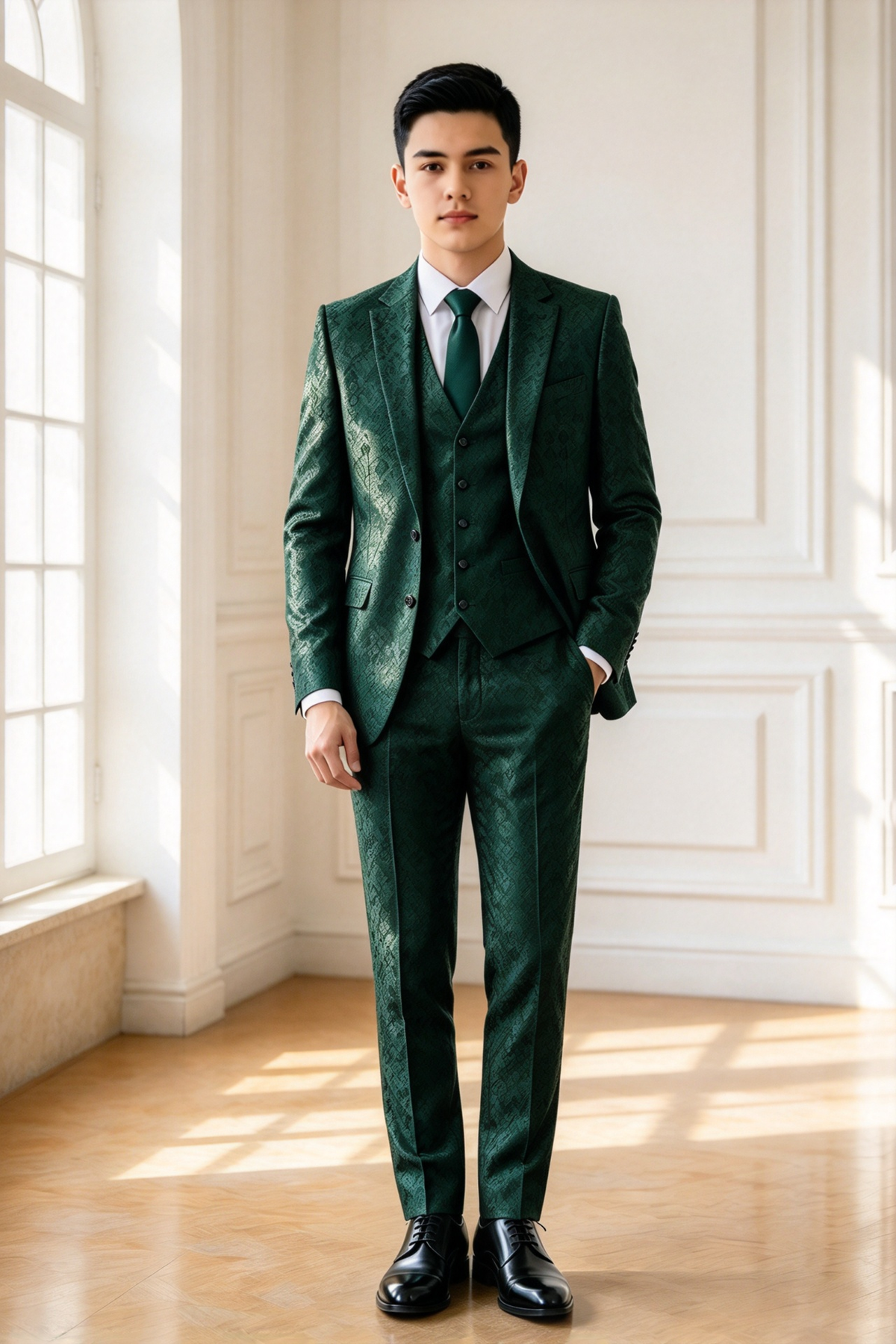 Dark Green All-Over Jacquard Pattern Single Breasted 3-Piece Suit