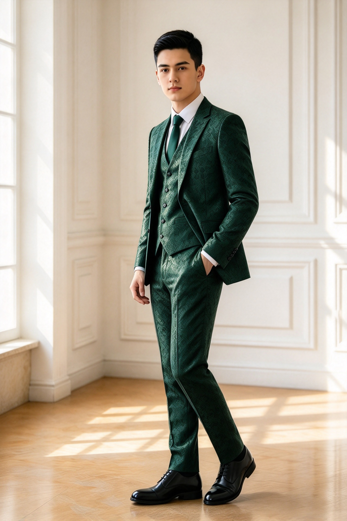 Dark Green All-Over Jacquard Pattern Single Breasted 3-Piece Suit