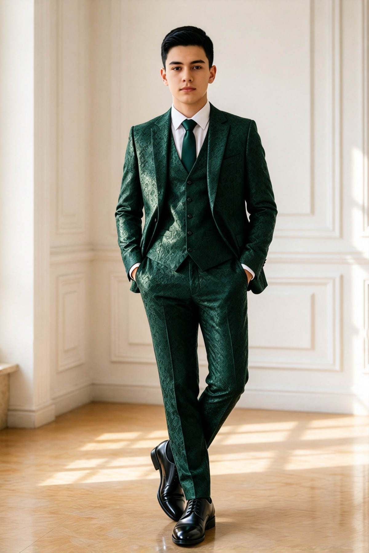 Dark Green All-Over Jacquard Pattern Single Breasted 3-Piece Suit