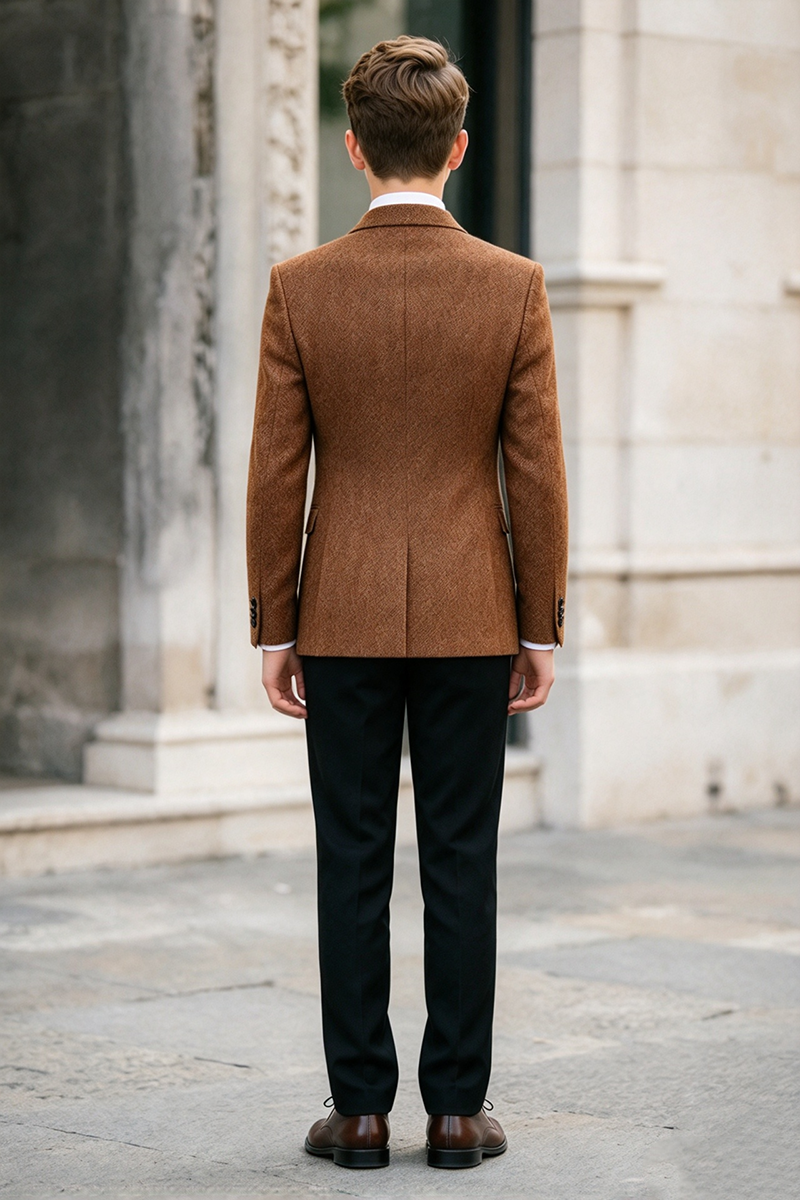 Boys Brown Herringbone with Double Breasted 2-Piece Suit