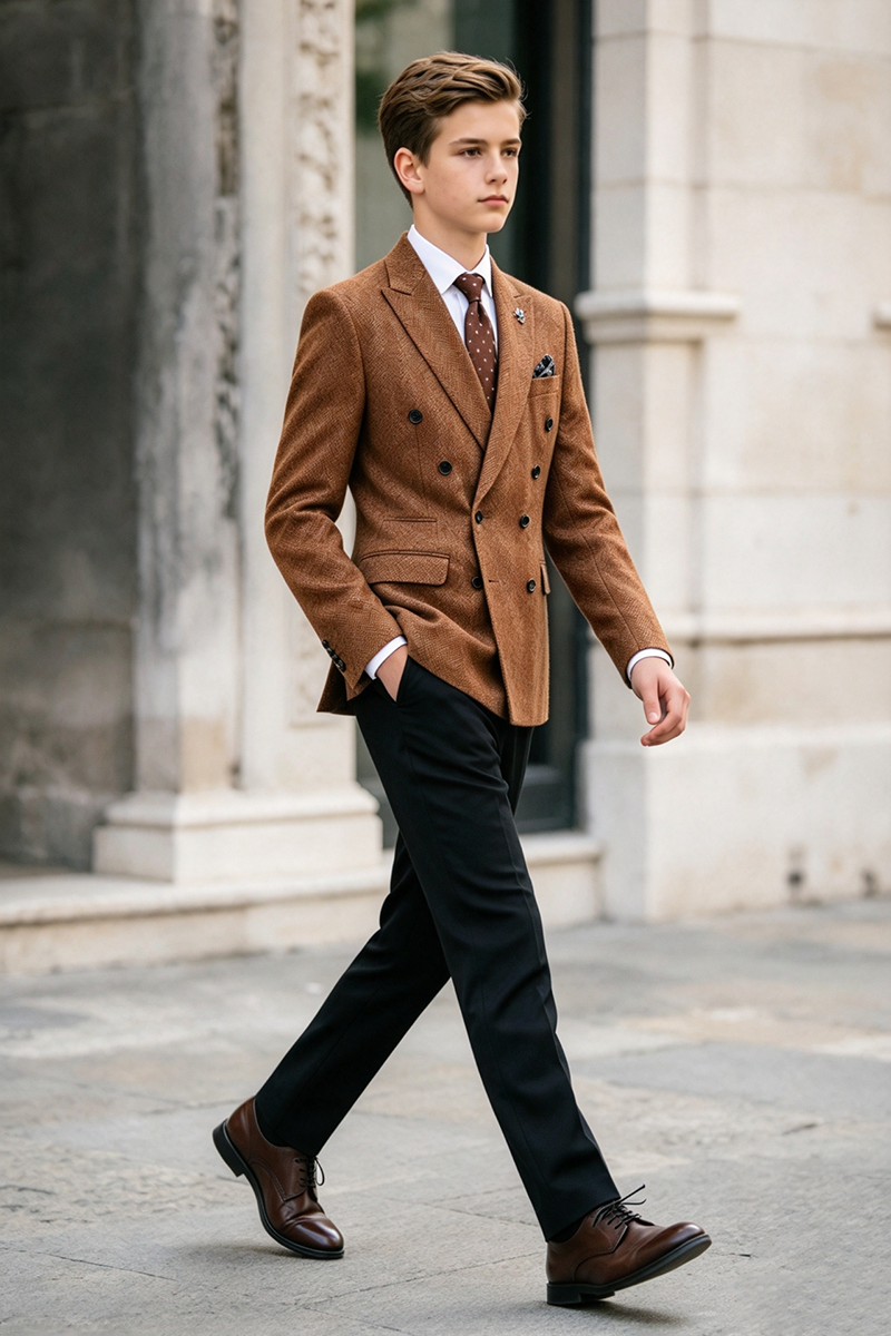 Boys Brown Herringbone with Double Breasted 2-Piece Suit