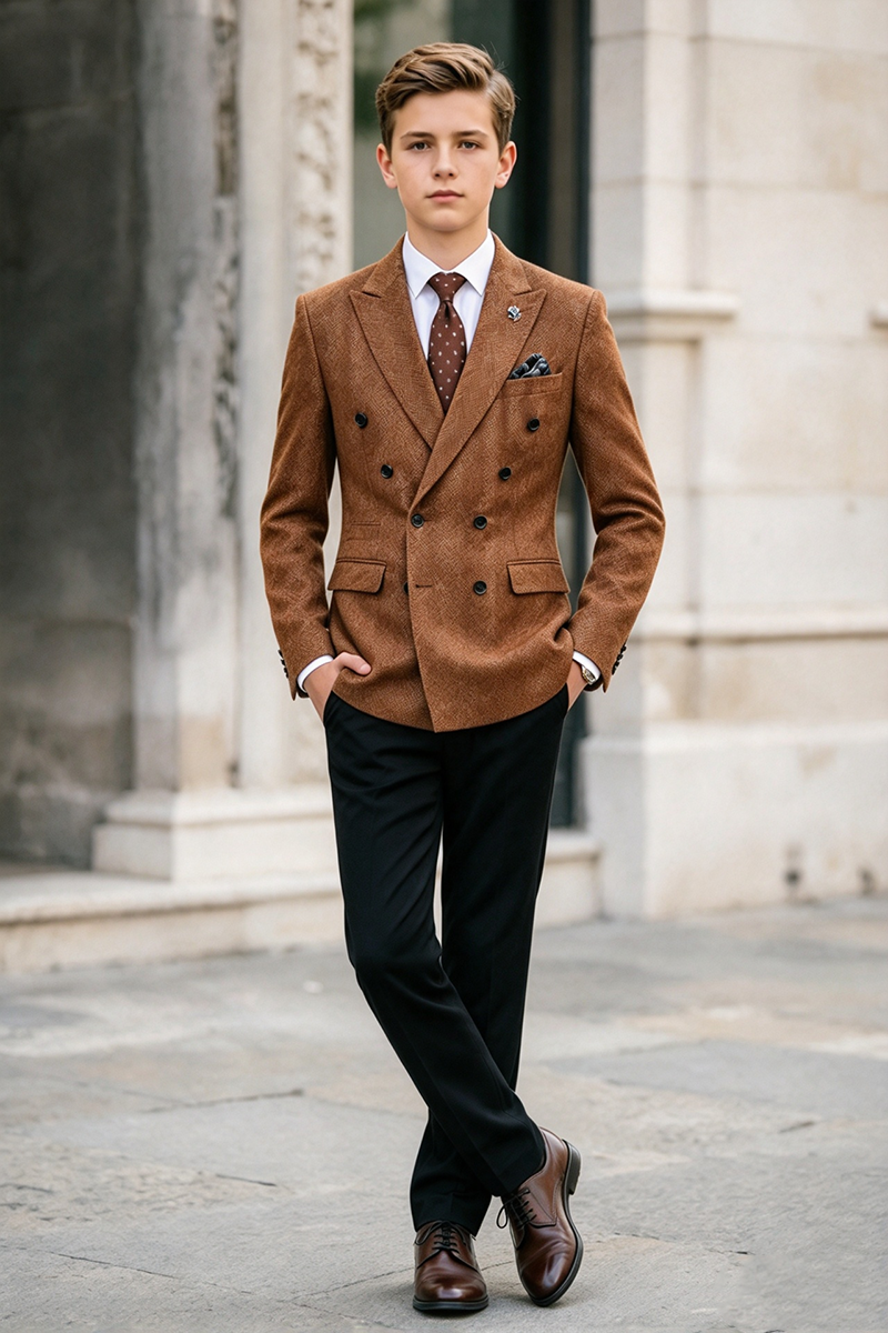 Boys Brown Herringbone with Double Breasted 2-Piece Suit