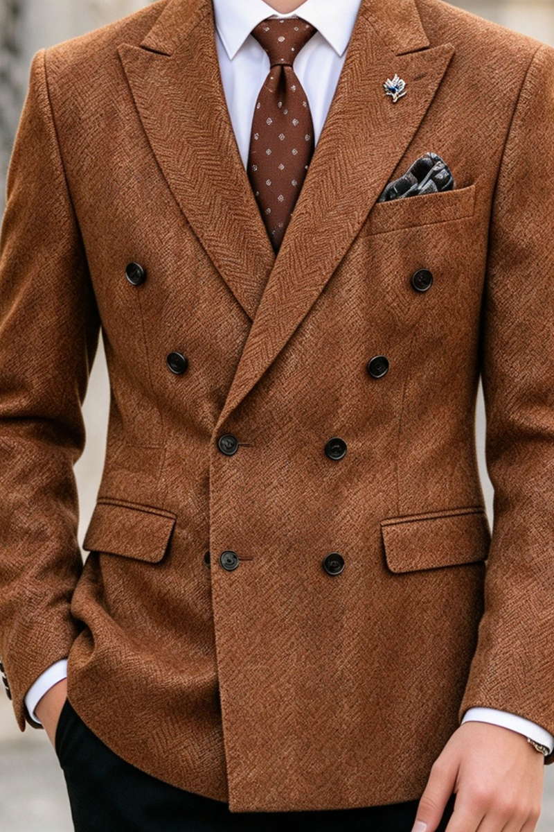 Boys Brown Herringbone with Double Breasted 2-Piece Suit