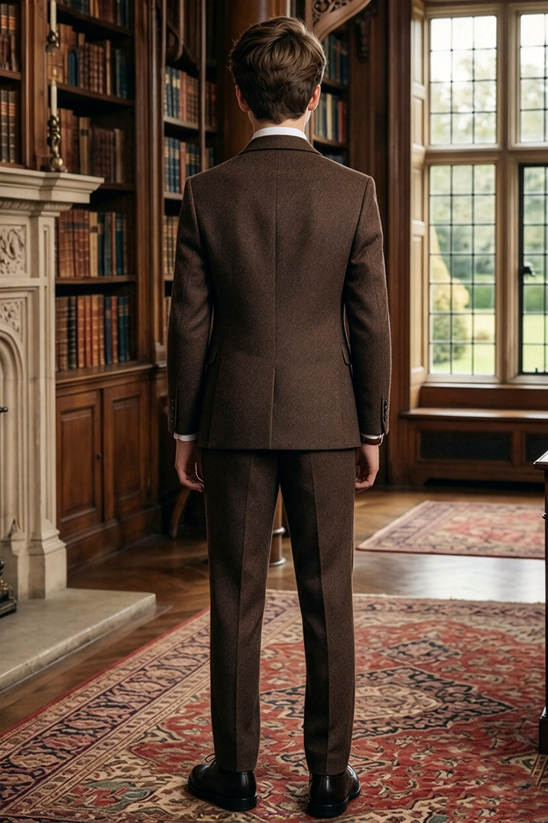 Boys Brown Tweed with Notch Lapel 3-Piece Suit
