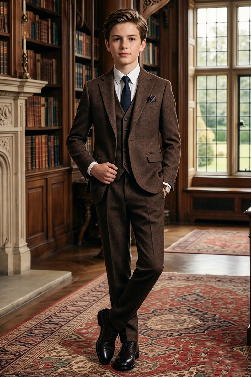 Boys Brown Tweed with Notch Lapel 3-Piece Suit