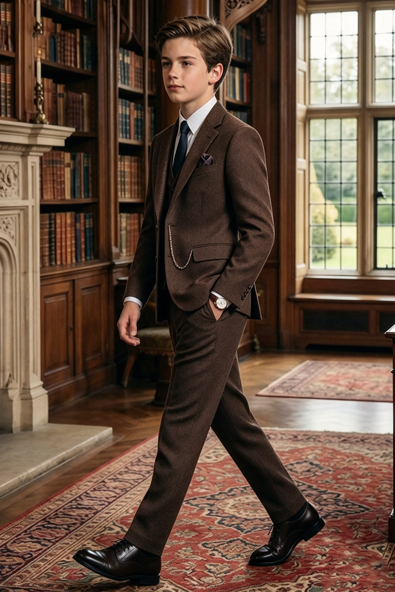 Boys Brown Tweed with Notch Lapel 3-Piece Suit