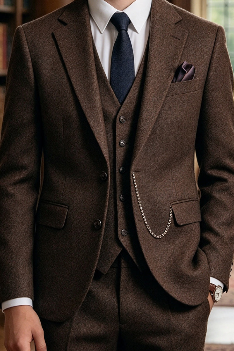 Boys Brown Tweed with Notch Lapel 3-Piece Suit