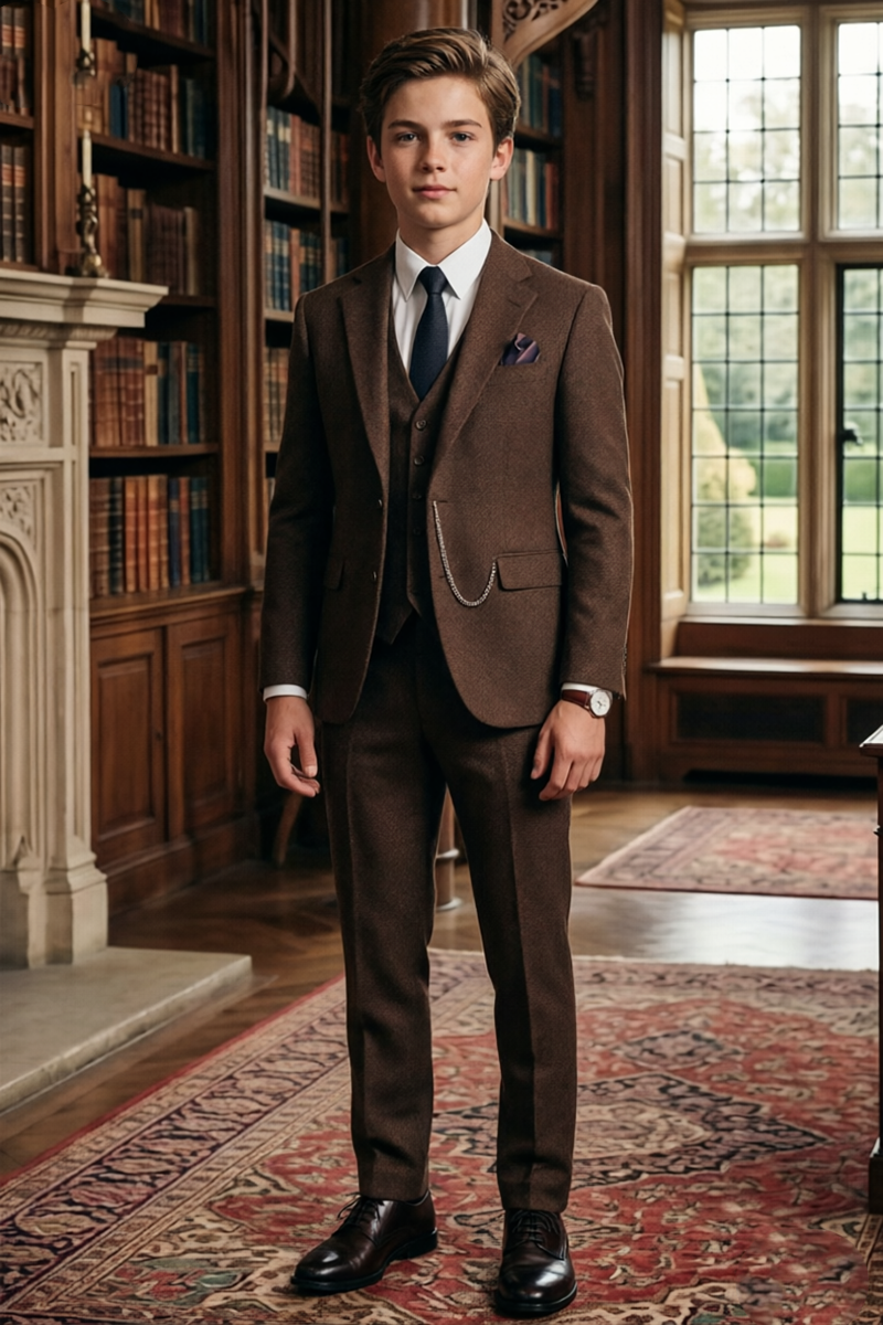 Boys Brown Tweed with Notch Lapel 3-Piece Suit