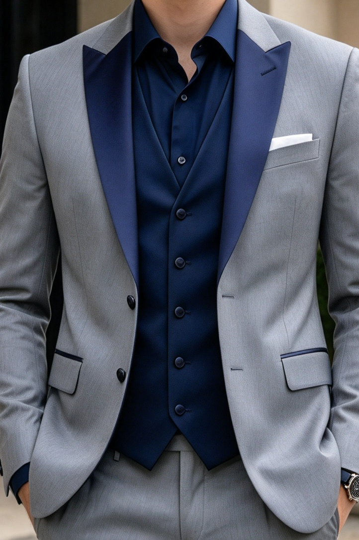 Grey & Navy Blue Single Breasted Formal 3-Piece Suit Set