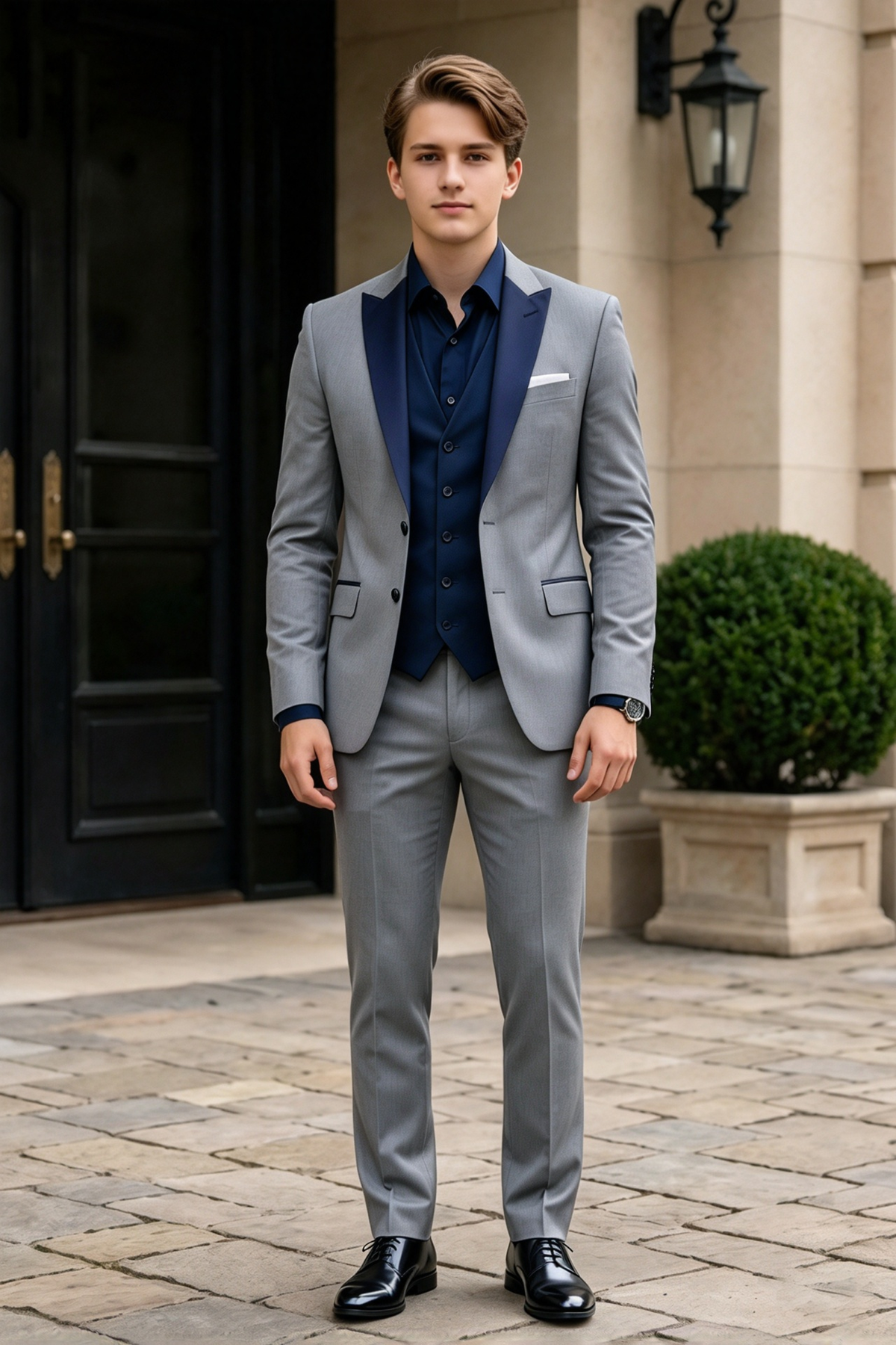 Grey & Navy Blue Single Breasted Formal 3-Piece Suit Set