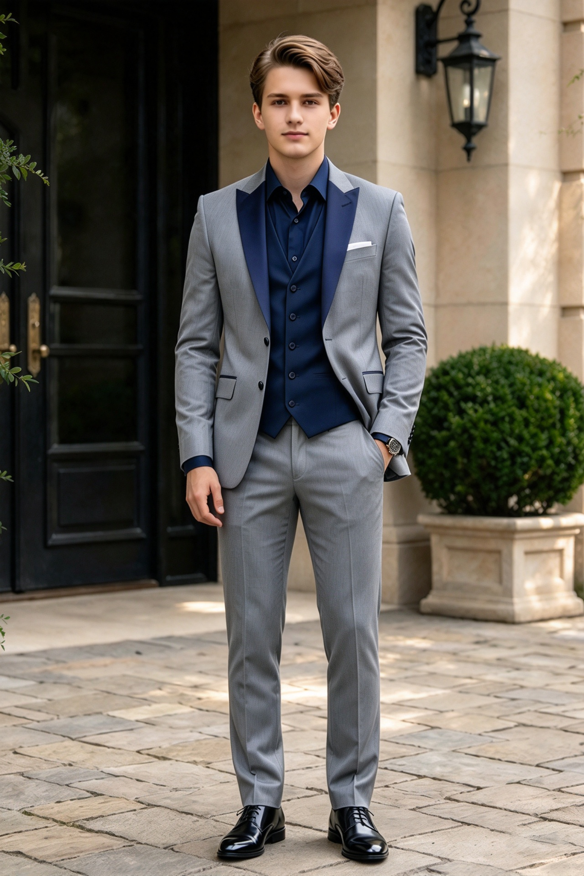 Grey & Navy Blue Single Breasted Formal 3-Piece Suit Set