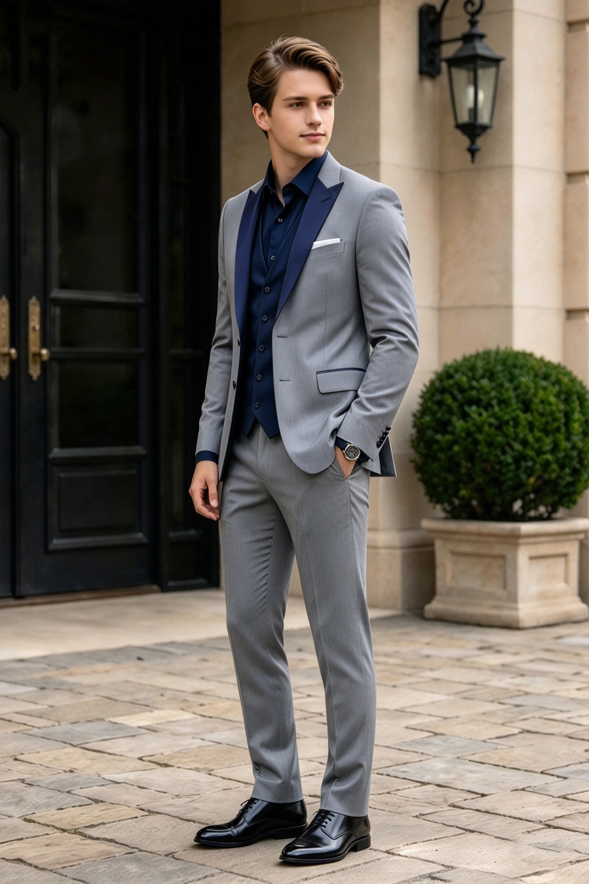 Grey & Navy Blue Single Breasted Formal 3-Piece Suit Set