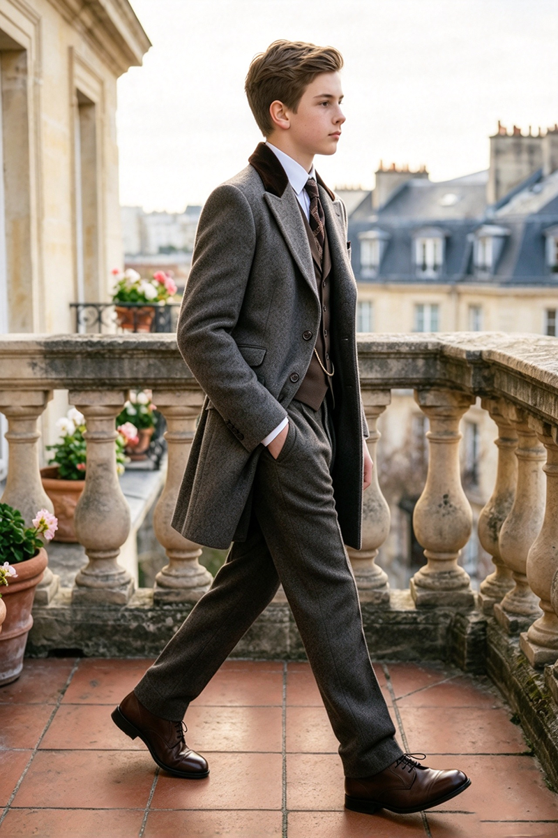 Boys Grey with Velvet Collar 3-Piece Suit