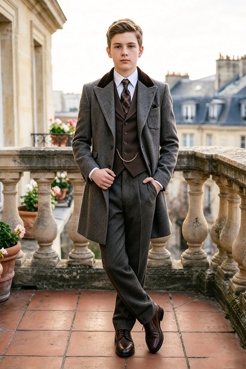 Boys Grey with Velvet Collar 3-Piece Suit