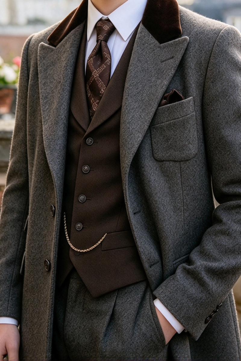 Boys Grey with Velvet Collar 3-Piece Suit