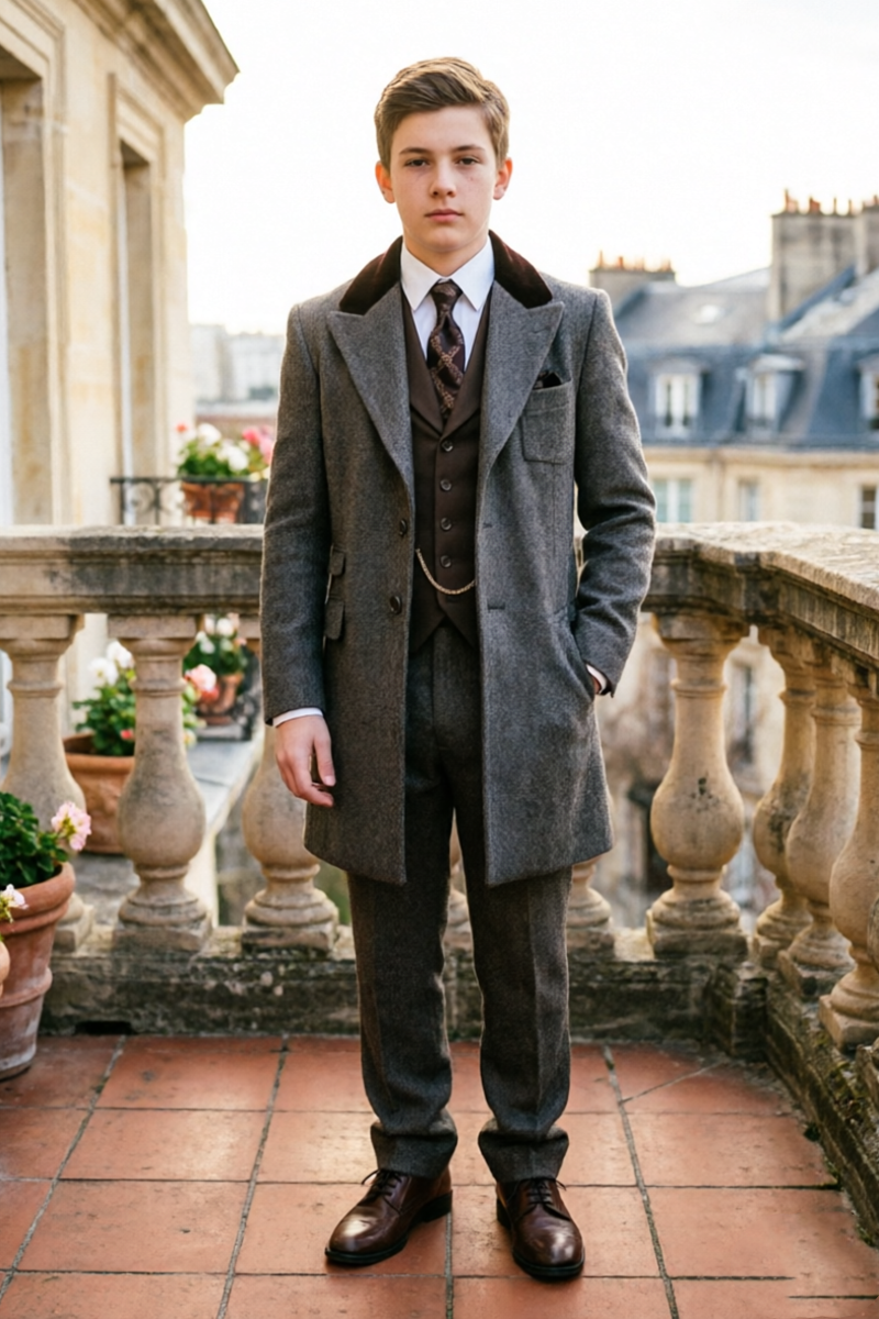 Boys Grey with Velvet Collar 3-Piece Suit