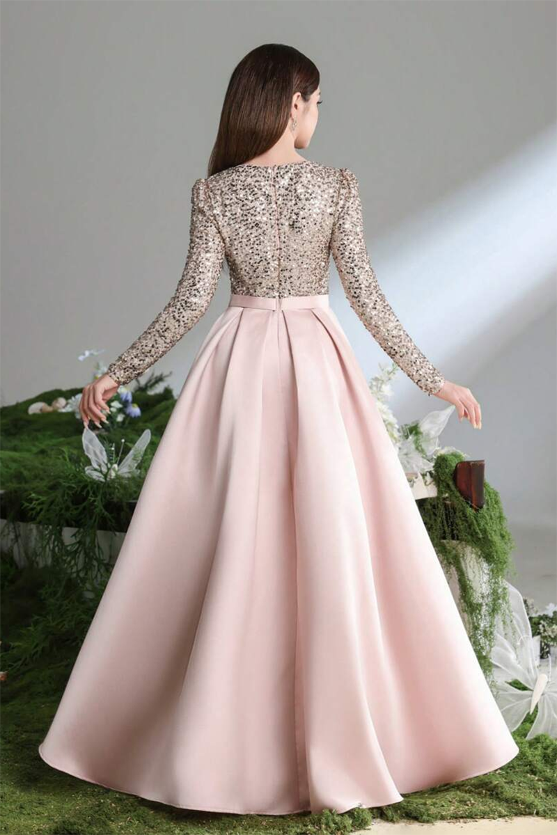 Girls Pink Evening Gown with Sequin Long Sleeve