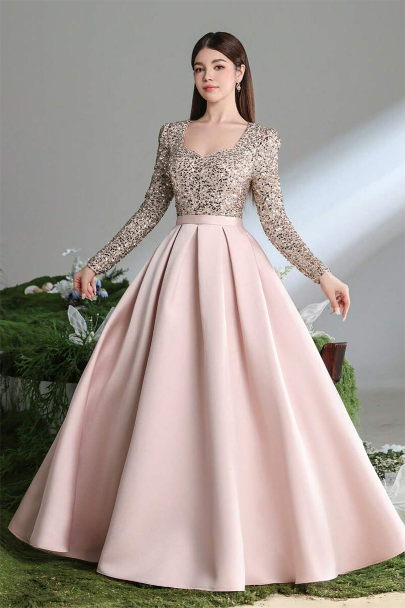 Girls Pink Evening Gown with Sequin Long Sleeve