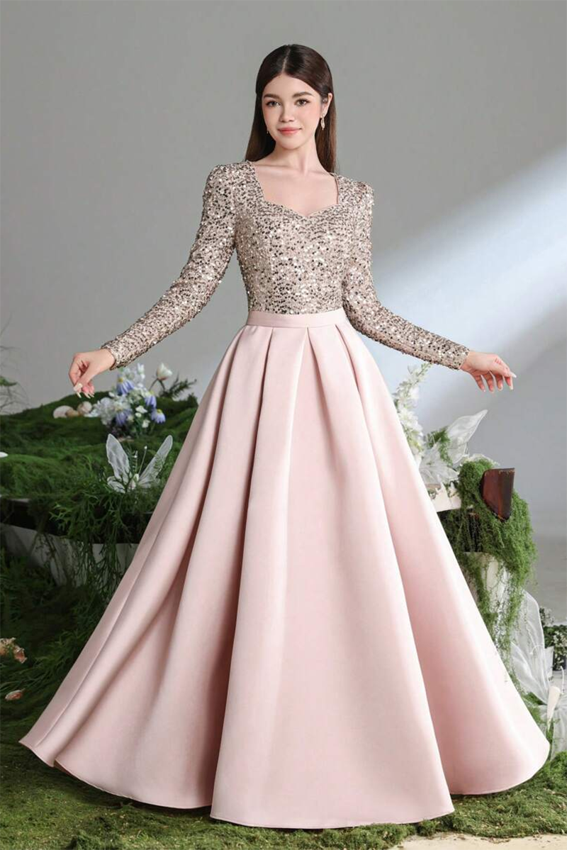 Girls Pink Evening Gown with Sequin Long Sleeve