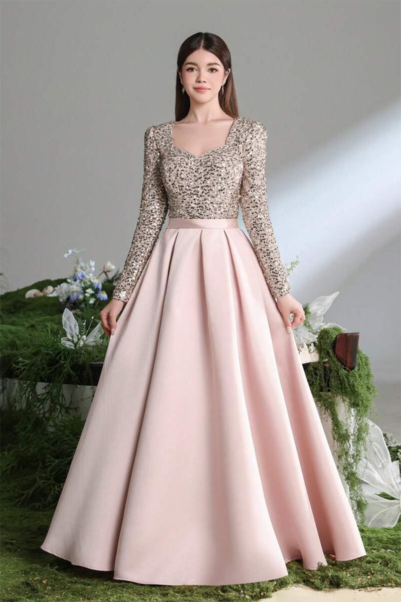 Girls Pink Evening Gown with Sequin Long Sleeve