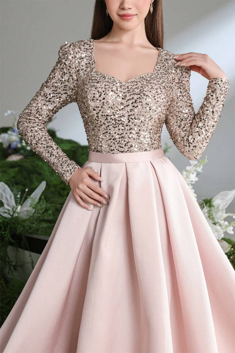 Girls Pink Evening Gown with Sequin Long Sleeve