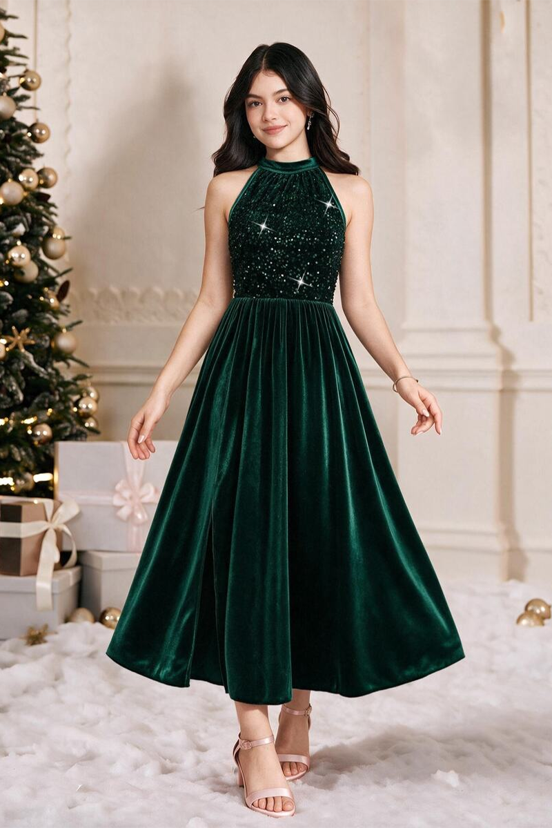 Girls Green Velvet Gown with Sequin Halter Neck