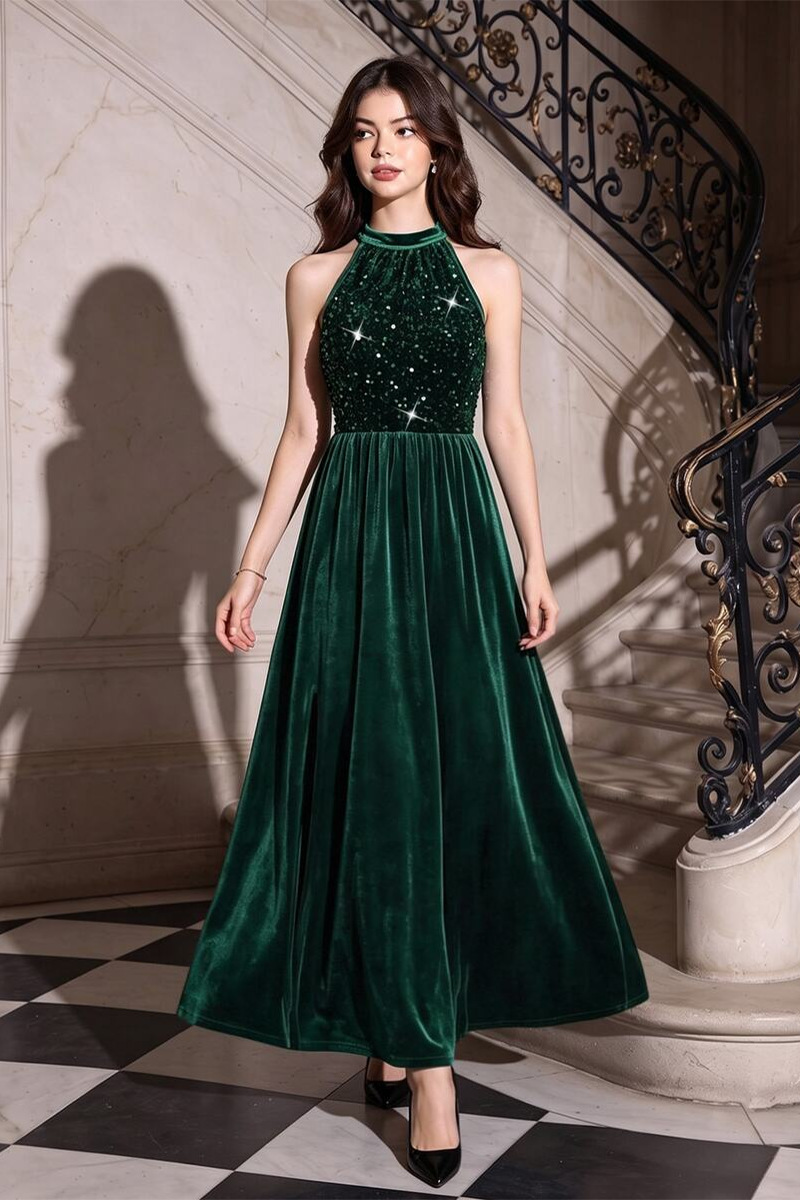 Girls Green Velvet Gown with Sequin Halter Neck