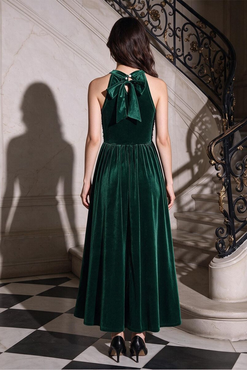 Girls Green Velvet Gown with Sequin Halter Neck