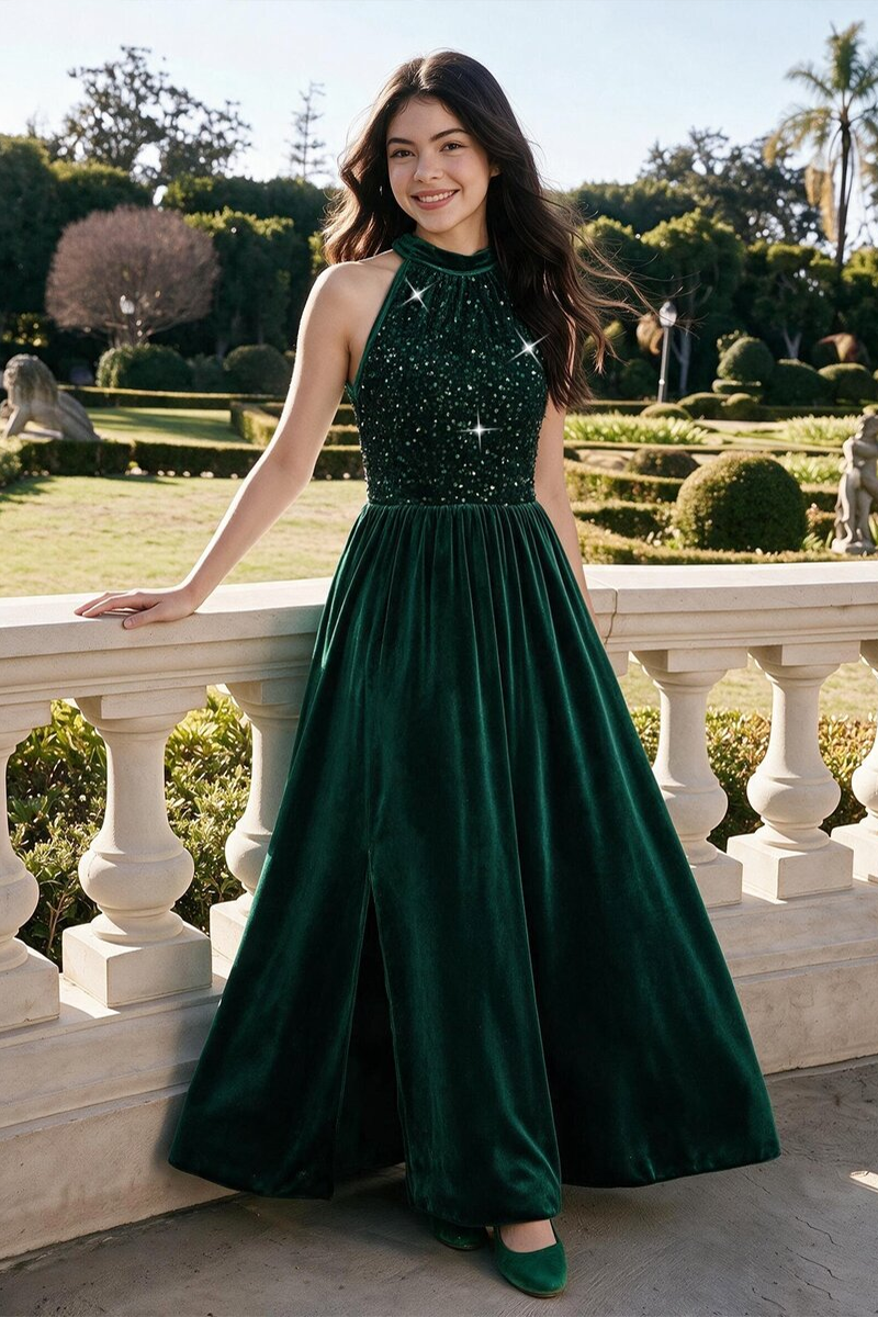 Girls Green Velvet Gown with Sequin Halter Neck