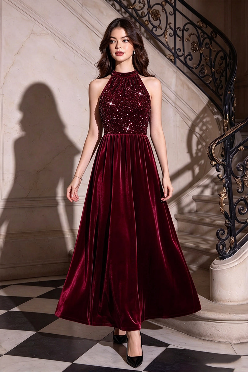 Girls Green Velvet Gown with Sequin Halter Neck