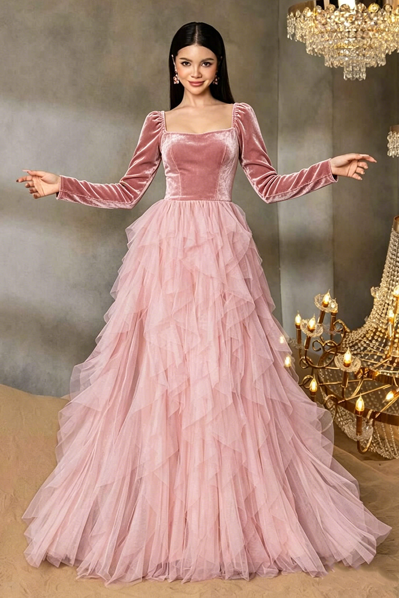 Girls Pink Gown with Velvet Long Sleeve and Ruffled Tulle