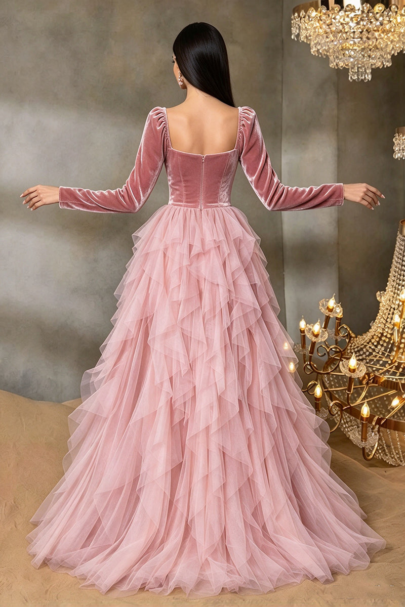 Girls Pink Gown with Velvet Long Sleeve and Ruffled Tulle