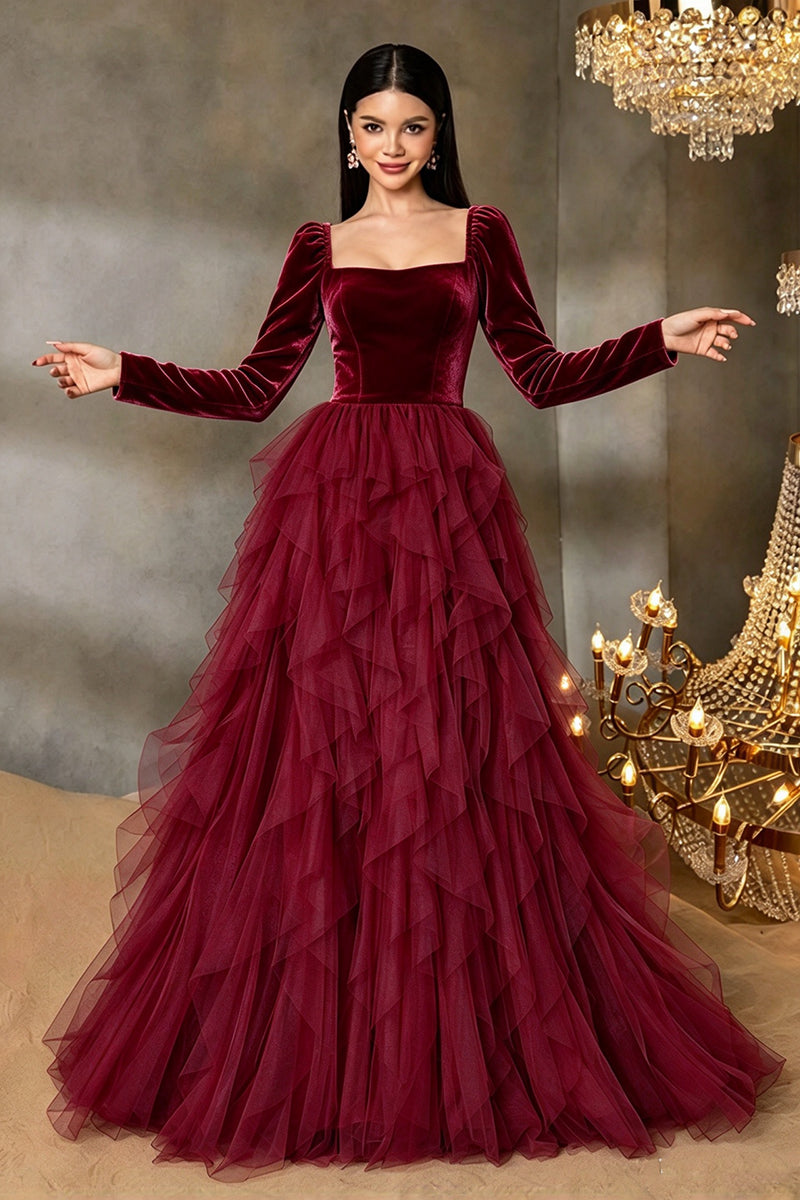 Girls Pink Gown with Velvet Long Sleeve and Ruffled Tulle