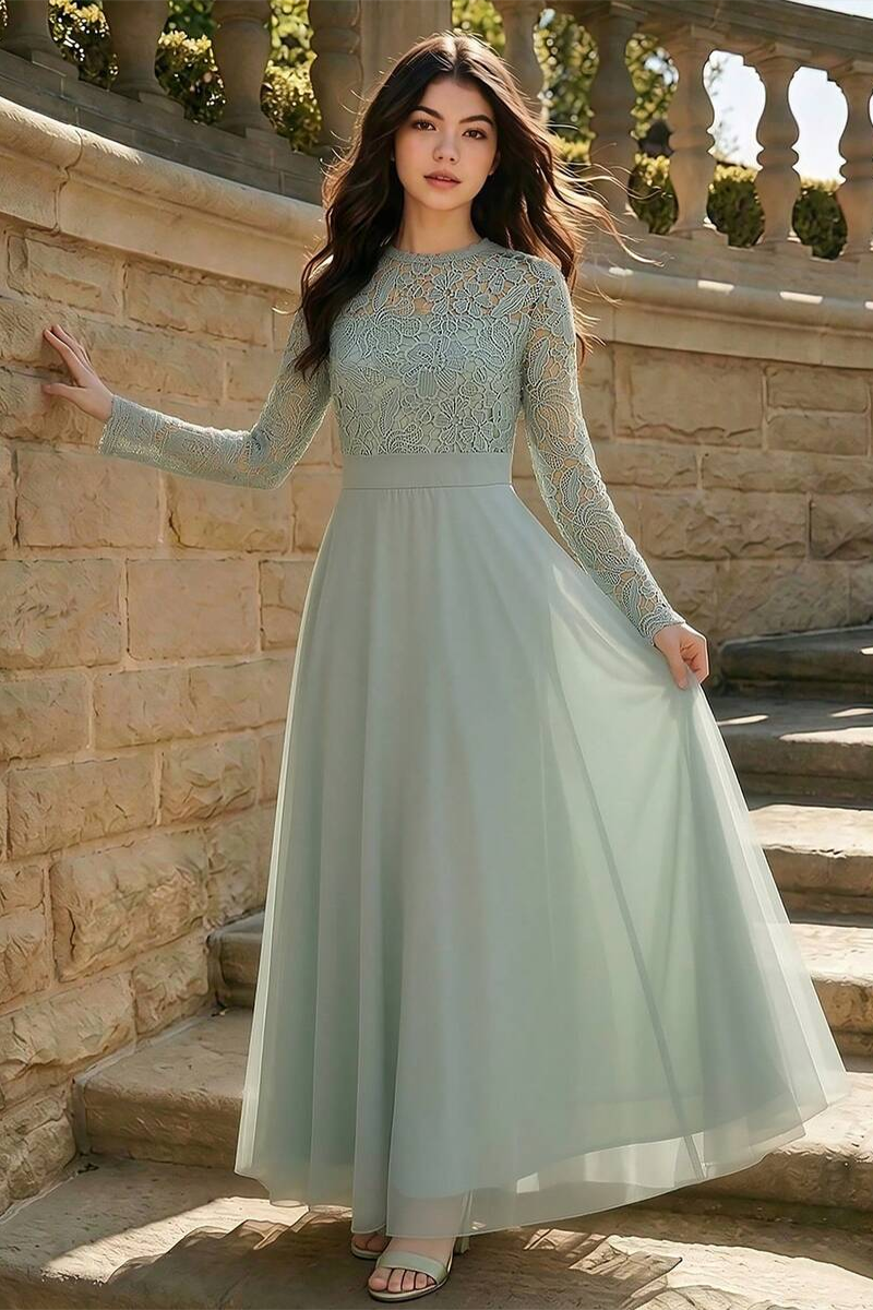 Girls Sage Green Gown  with Lace Long Sleeve