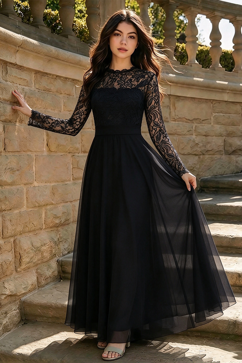 Girls Sage Green Gown  with Lace Long Sleeve