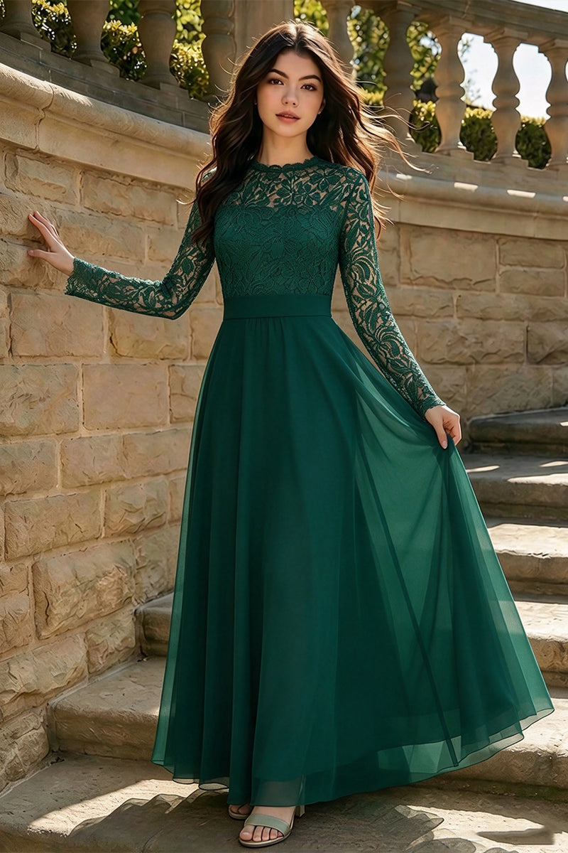 Girls Sage Green Gown  with Lace Long Sleeve