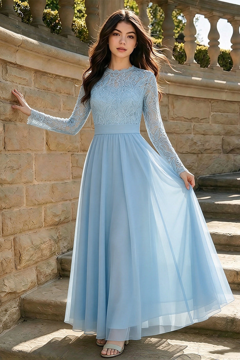 Girls Sage Green Gown  with Lace Long Sleeve