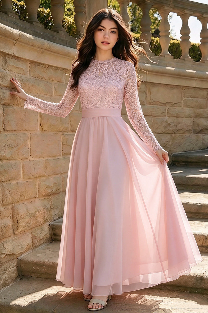 Girls Sage Green Gown  with Lace Long Sleeve