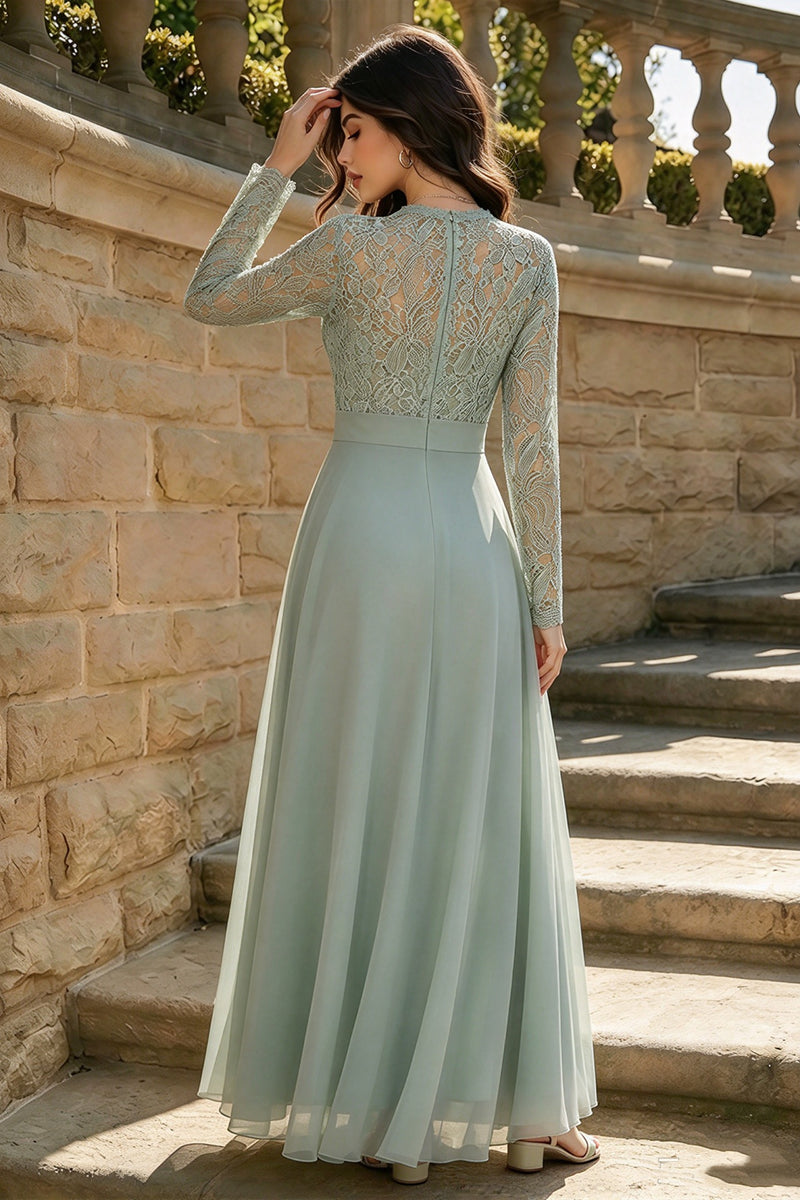 Girls Sage Green Gown  with Lace Long Sleeve