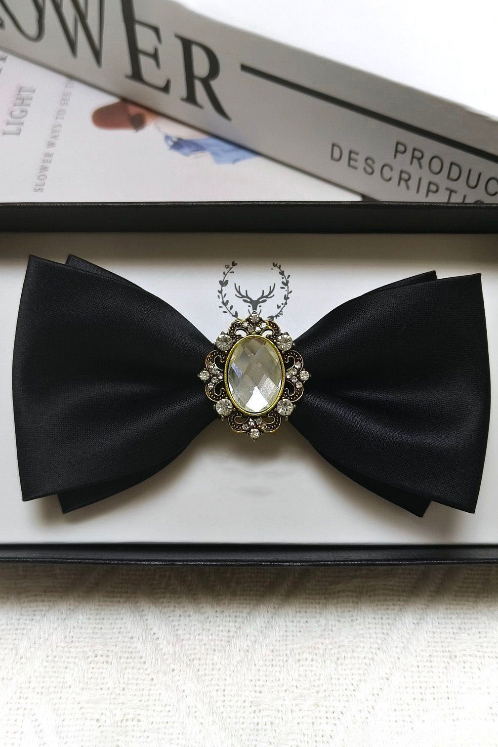Black Satin Vintage Rhinestone Double-Layer Bow Tie