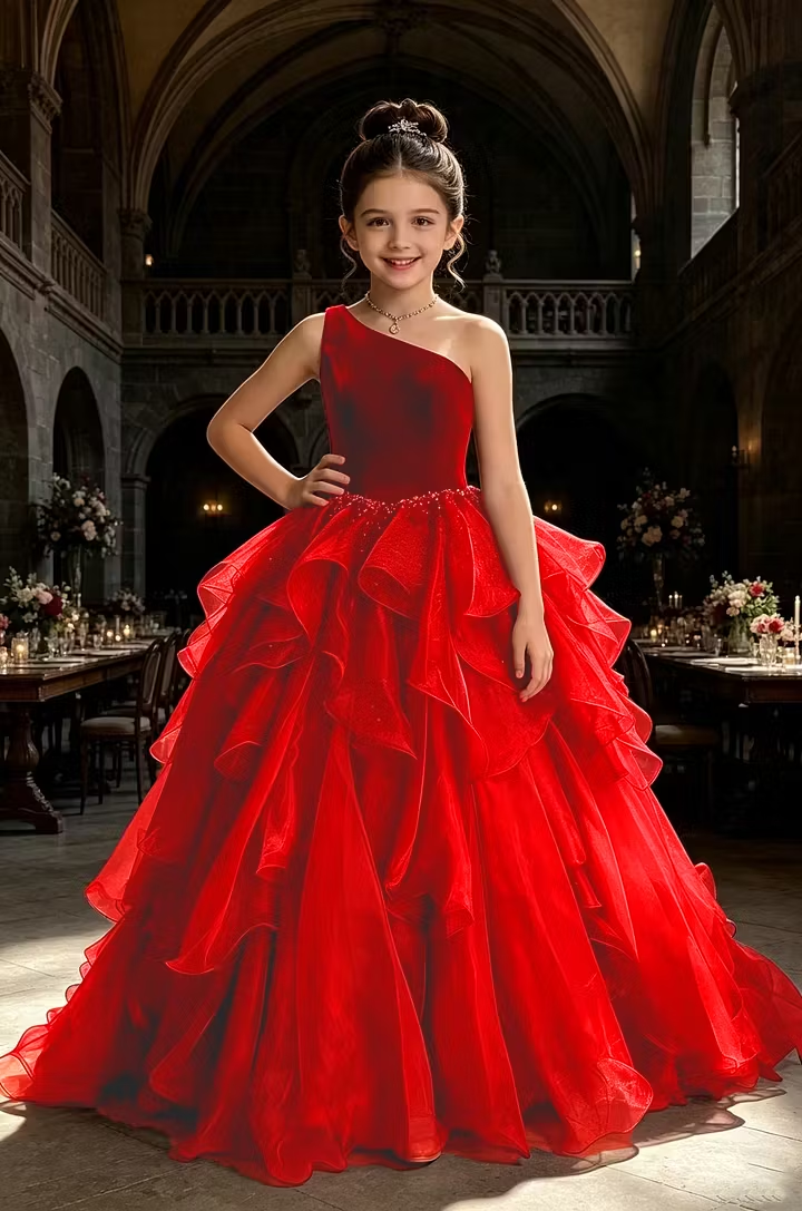 Burgundy One‑Shoulder Velvet Organza Pageant Ball Gown for Girls