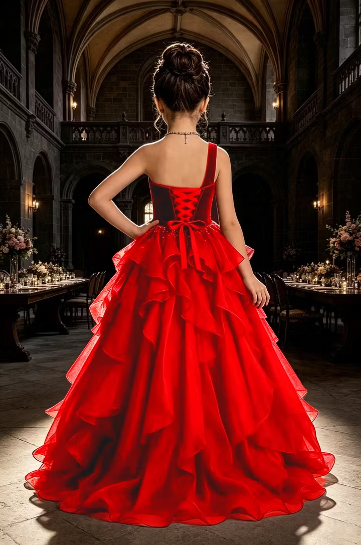 Burgundy One‑Shoulder Velvet Organza Pageant Ball Gown for Girls