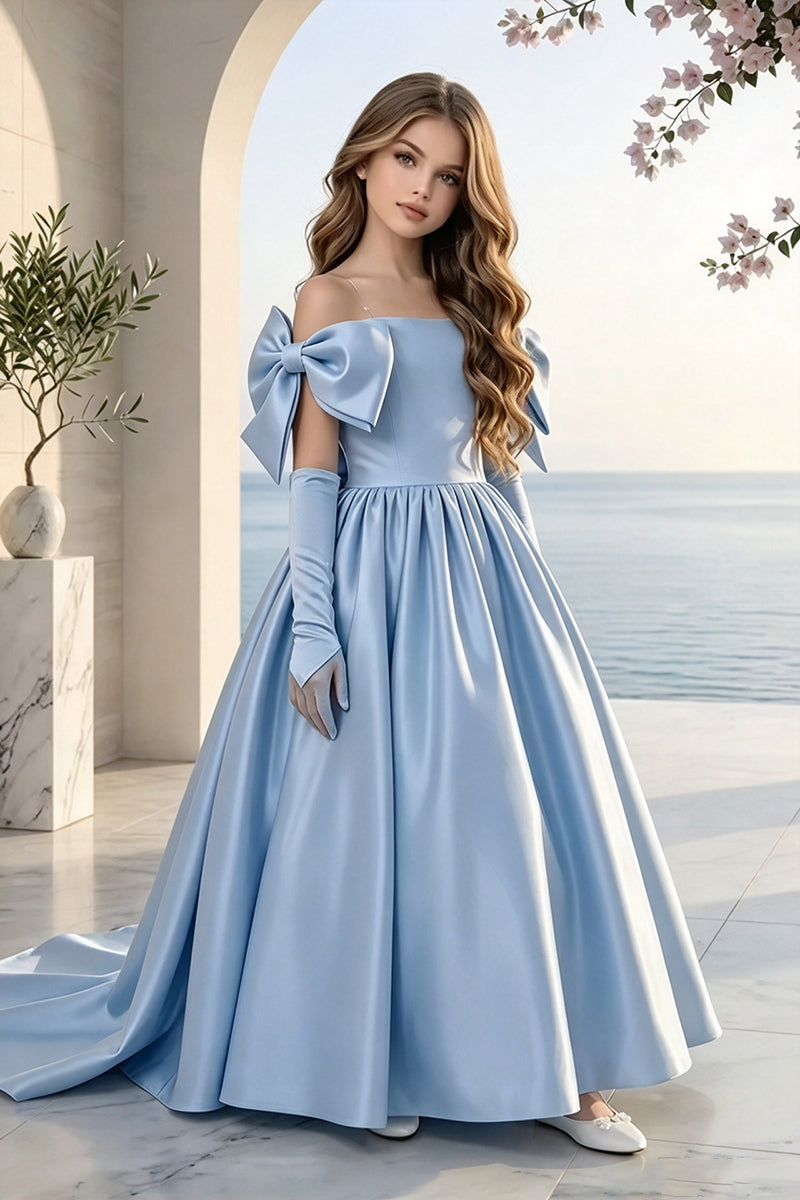 Girls Light Blue Satin Gown for Weddings