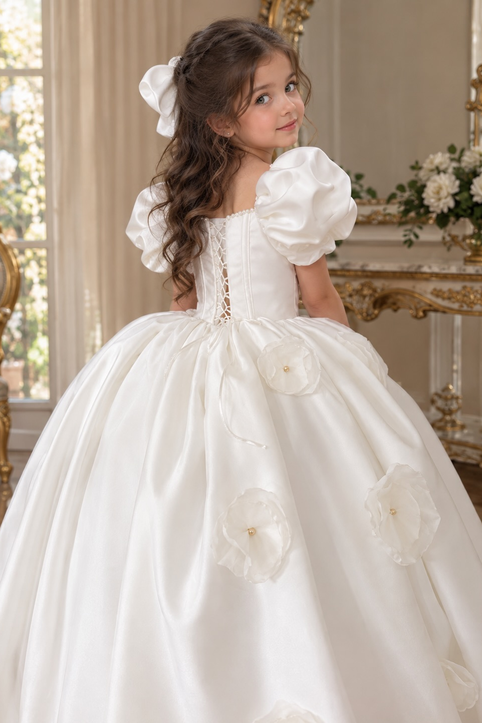 White Satin Puff Sleeve Square Neck 3D Floral A-Line Dress