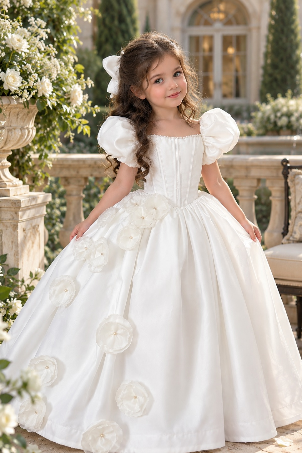 White Satin Puff Sleeve Square Neck 3D Floral A-Line Dress